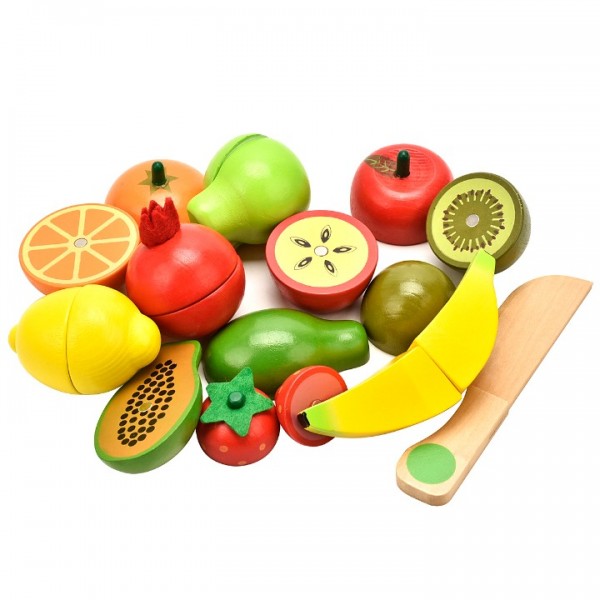CARLORBO Wooden Toys for 2 Year Olds -  Pretend?Food Set for Kids?Play?Kitchen, Toy Fruit and Veg with Wooden Knif and Tray,Gift Idea for Boy Girl Birthday