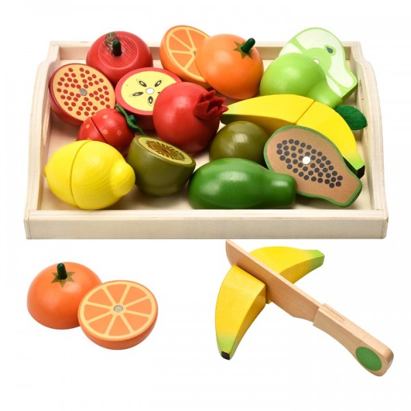 CARLORBO Wooden Toys for 2 Year Olds -  Pretend?Food Set for Kids?Play?Kitchen, Toy Fruit and Veg with Wooden Knif and Tray,Gift Idea for Boy Girl Birthday